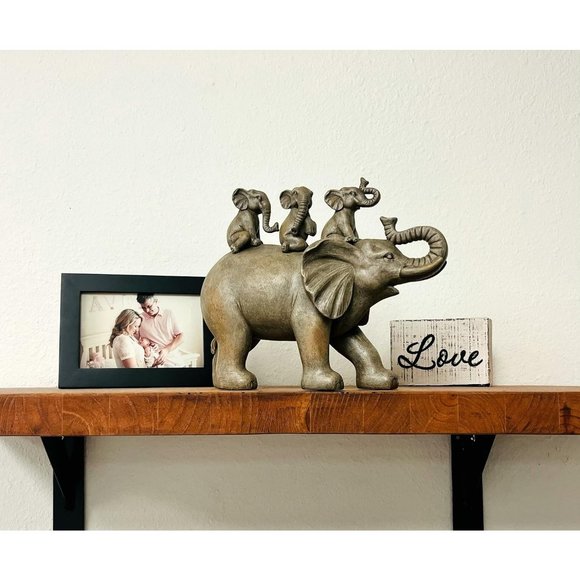 8" H Gray 3 Baby Elephants Riding an Elephant Resin Statue  Home Decor - Picture 5 of 5